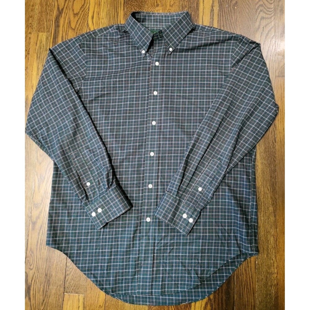 Lauren Ralph Lauren Button Down Shirt Mens 16-34/35 Navy Blue Green Plaid Cotton
